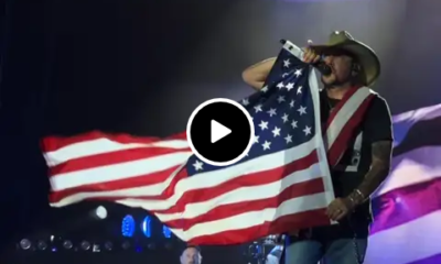 Jason Aldean proudly showcasing the American flag during “Try That in a Small Town” last night at Jones Beach.. SEE MORE