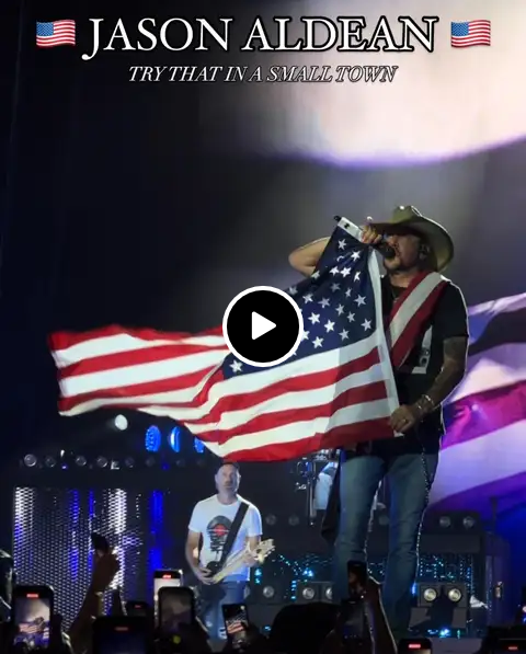 Jason Aldean proudly showcasing the American flag during “Try That in a Small Town” last night at Jones Beach.. SEE MORE