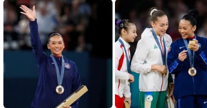 JUST IN: Suni Lee Becomes First American Woman to Win Two Medals in Uneven Bars at Paris Olympics while jokingly said in a speech that her neck is getting sore from weight of all her achieved medals